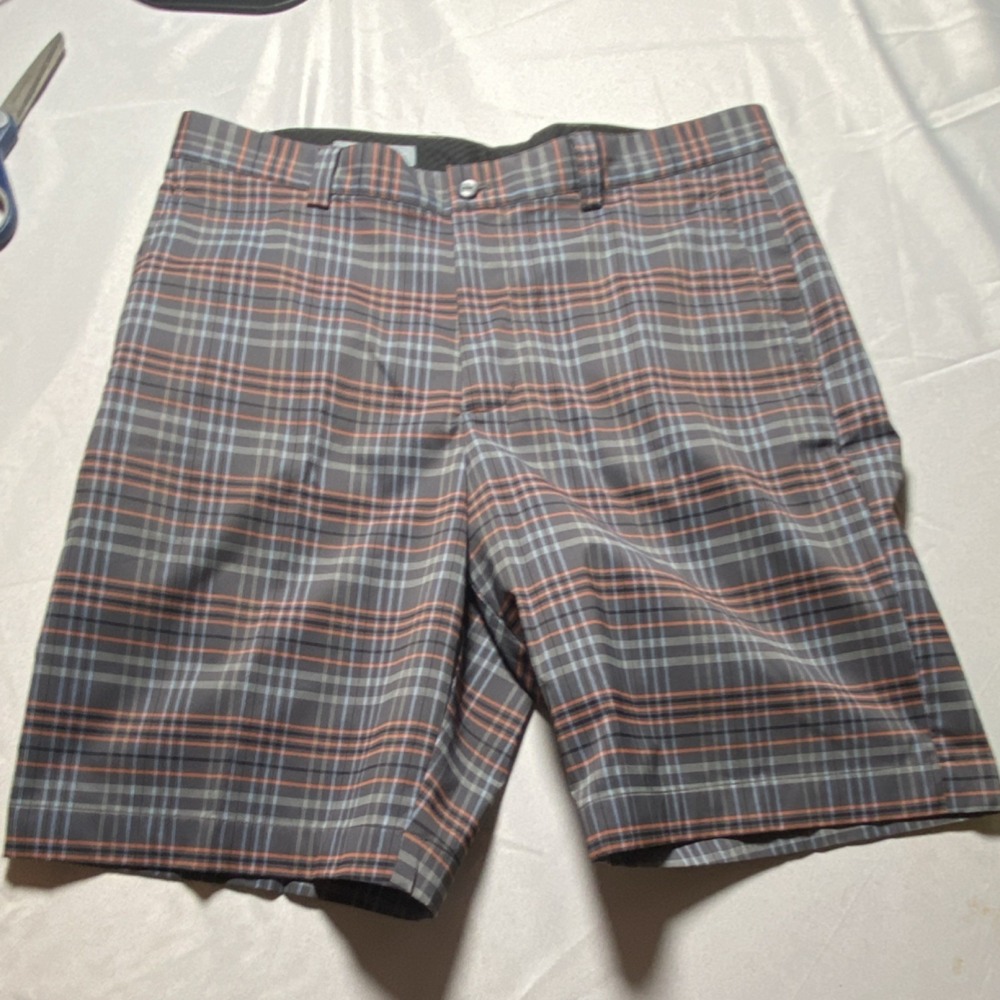 Cutter & Buck Plaid Shorts Gray Orange Blue Men's Polyester Spandex Pockets